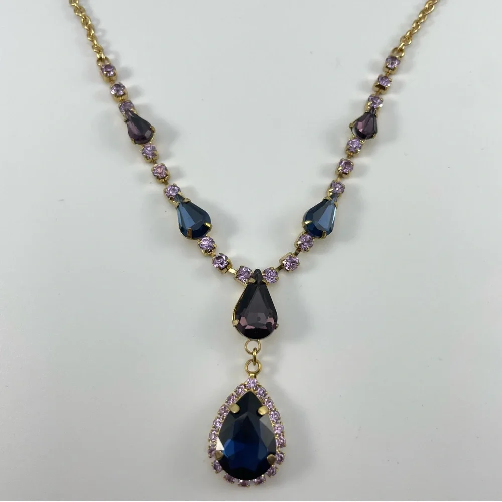 Stunning Gold Tone Purple & Blue Crystal Teardrop Statement Necklace